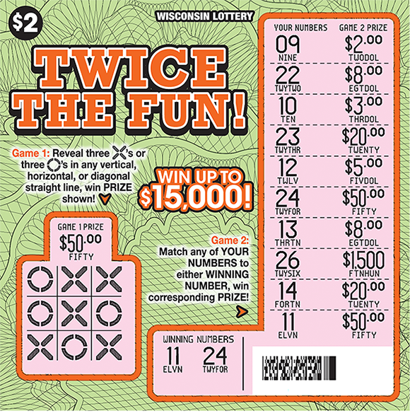 Twice the Fun Scratch Game light green background with squiggly lines all over the ticket background in black and the winning numbers are scratched revealing a pink background on scratch ticket from wisconsin lottery