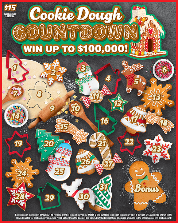 Cookie Dough Countdown Scratch Game ticket has images of decorated holiday cookies with items such as a tree a snow man a gingerbread and more on scratch ticket from wisconsin lottery