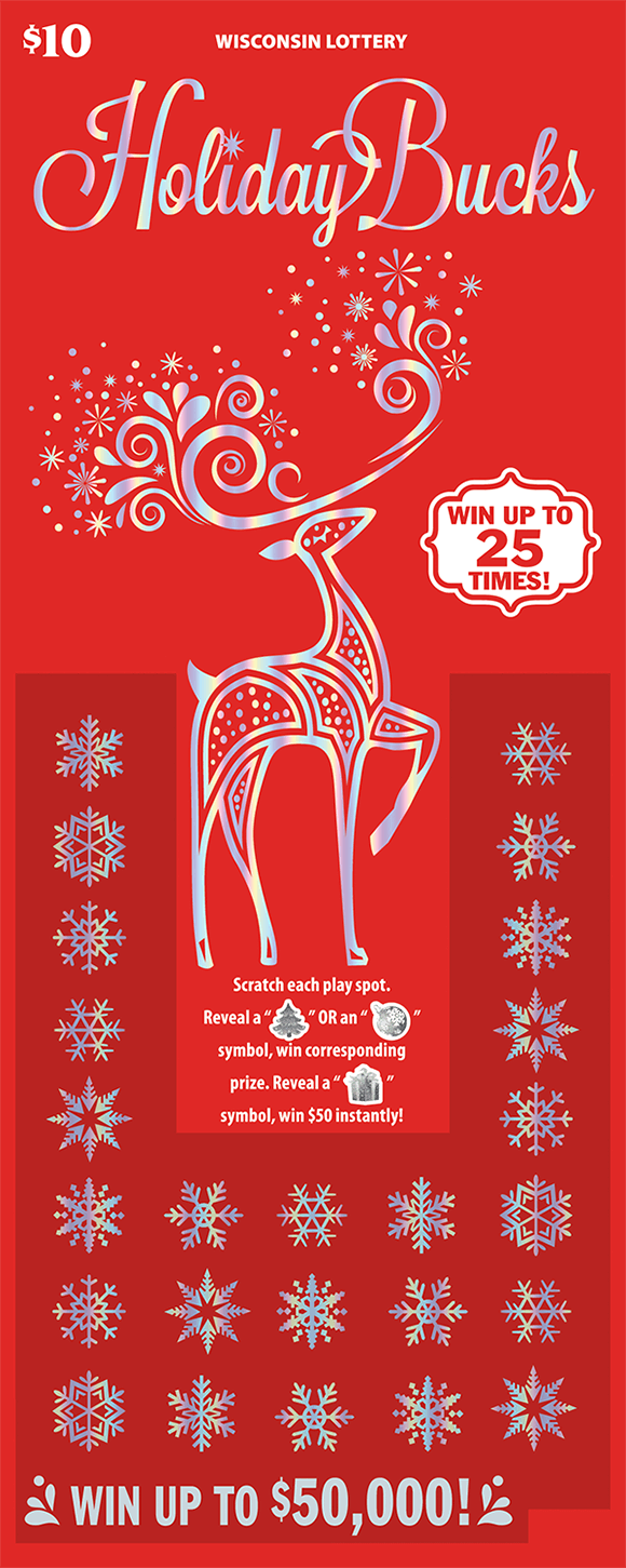 bright red ticket with a fluorescent fx reflective feature on a large reindeer on the ticket with snowflakes covering the winning numbers on scratch ticket from wisconsin lottery  