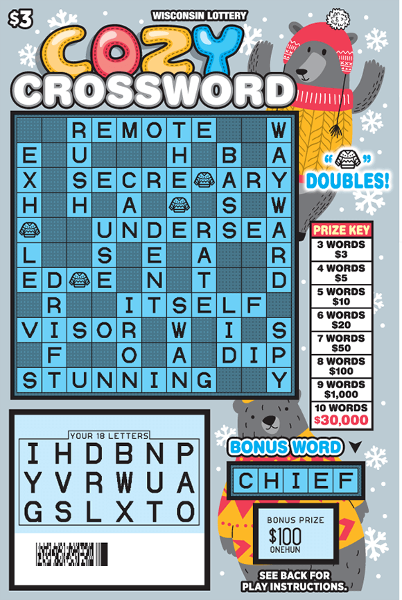 gray background with white snowflakes and gray bears in cozy sweaters in hats with the 18 letters scratched and revealed on scratch ticket from wisconsin lottery