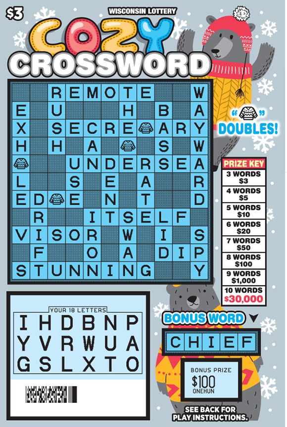 Cozy Crossword Scratch Game gray background with white snowflakes and gray bears in cozy sweaters in hats with the 18 letters scratched and revealed on scratch ticket from wisconsin lottery