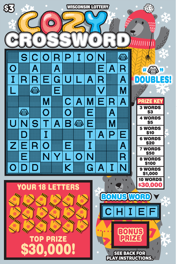 gray background with white snowflakes and gray bears in cozy sweaters in hats with the 18 letters covered by yellow hand gloves and a pink background on scratch ticket from wisconsin lottery