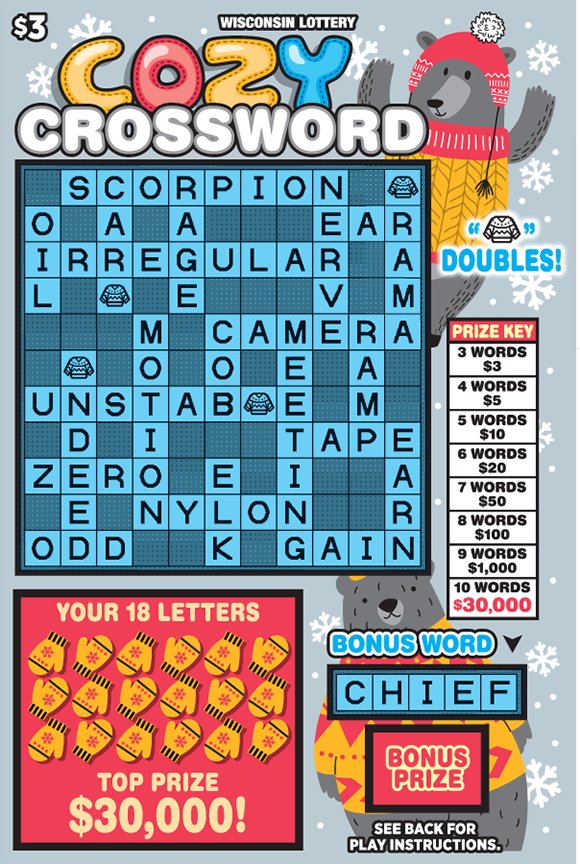 Cozy Crossword Scratch Game gray background with white snowflakes and gray bears in cozy sweaters in hats with the 18 letters covered by yellow hand gloves and a pink background on scratch ticket from wisconsin lottery
