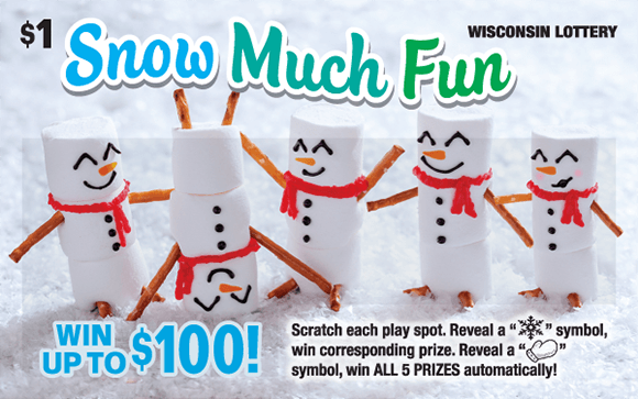 background of ticket with marshmallow snowmen made with pretzel arms and candy eyes and noses standing in the snow on scratch ticket from wisconsin lottery 