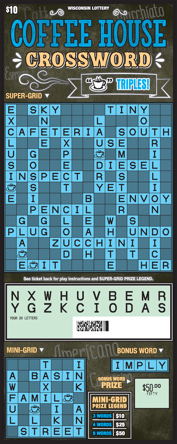 Coffee House Crossword background of ticket is a grayish brown with words such as americano espresso macchiato and other words that are coffee terms and the play area is scratched revealing the winning letters scratch ticket from wisconsin lottery