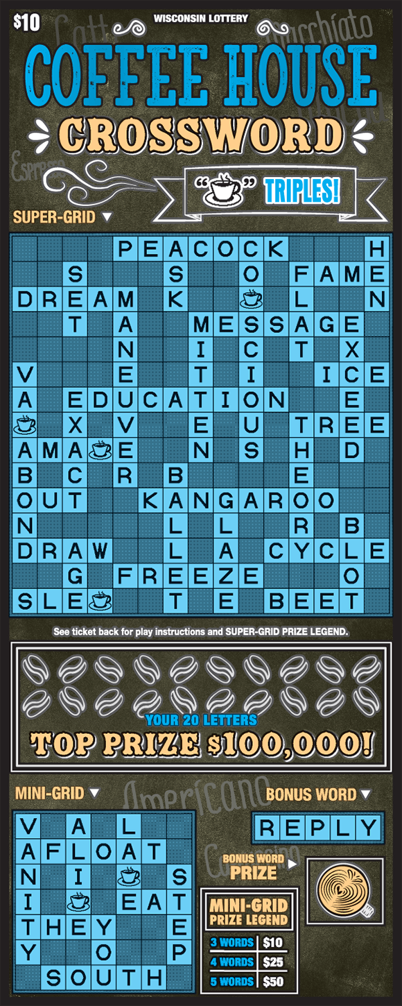 Coffee House Crossword background of ticket is a grayish brown with words such as americano espresso macchiato and other words that are coffee terms and the winning letters are covered by coffee beans on scratch ticket from wisconsin lottery