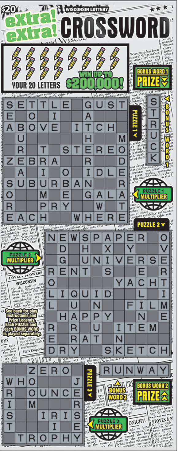 background of ticket is newspaper print in gray with three grids and the letters are hidden by pencils on scratch ticket from wisconsin lottery 