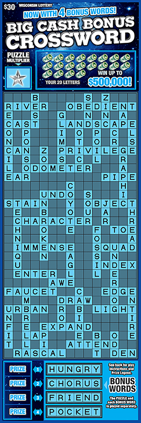 image of scratch ticket with a deep blue background and a light gray crossword grid and light blue boxes on the crossword grid on scratch ticket from wisconsin lottery