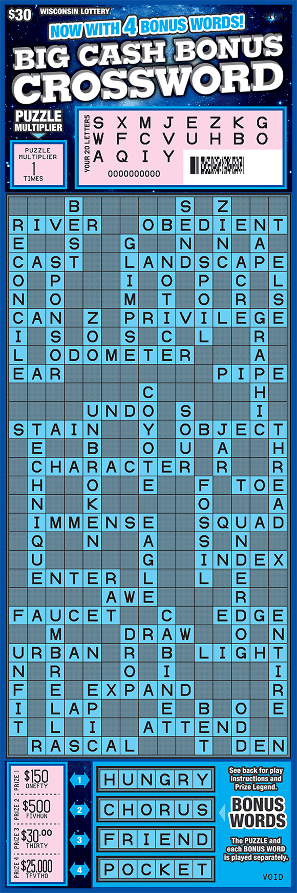 image of scratch ticket with a deep blue background and a light gray crossword grid and light blue boxes on the crossword grid on scratch ticket from wisconsin lottery
