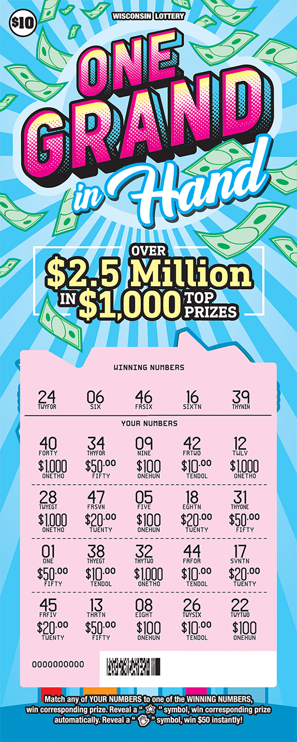 background of ticket is a light blue with colorful streamers covering up the winning numbers and cash floating around at the end of the tickets on scratch ticket from wisconsin lottery 