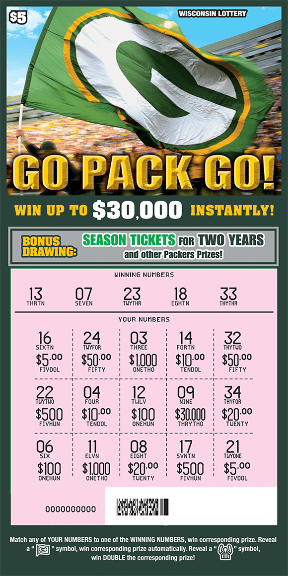 background is green with the scratch area scratched revealing the winning numbers with a large image of a packers flag blowing in the wind in the stands with fans in the background on scratch ticket from wisconsin lottery 