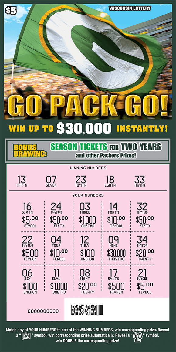 Go Pack Go Scratch Game background is green with the scratch area scratched revealing the winning numbers with a large image of a packers flag blowing in the wind in the stands with fans in the background on scratch ticket from wisconsin lottery