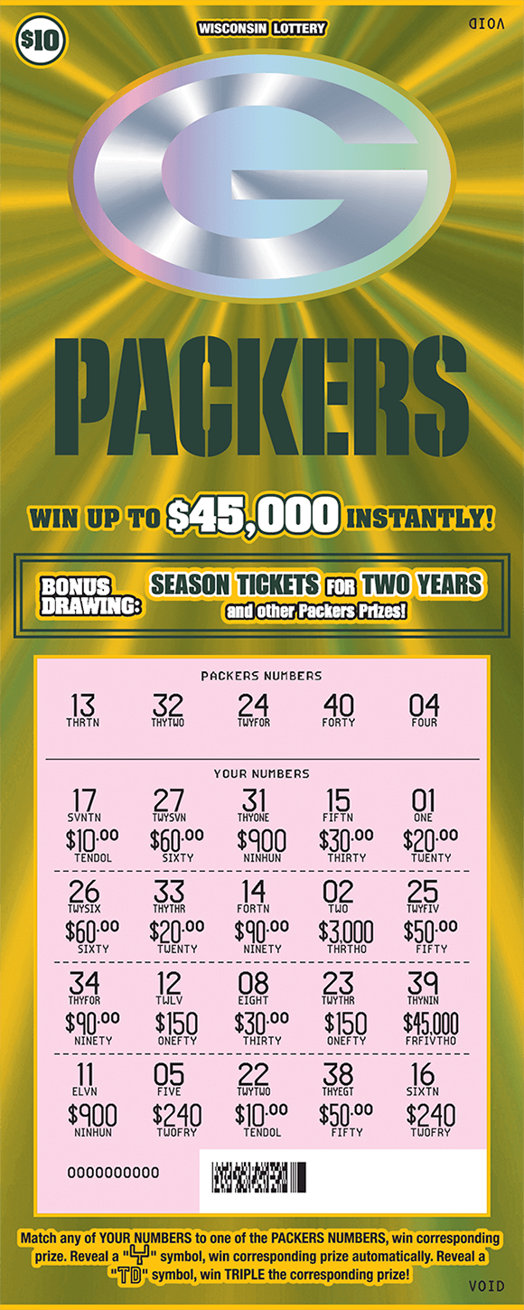 background is green and gold flashy fx lines with a silver green bay packers logo and the play area is scratched revealing the winning numbers on scratch ticket from wisconsin lottery 