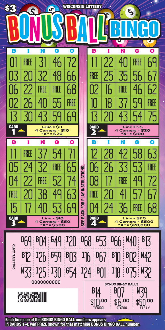 Bonus Ball Bingo Scratch Game there are four square grids in a lime green color and a rectangle grid down below in a pale pink color. the background of the ticket has flashing lines with sparkles and pool balls with dollar signs on them on scratch ticket from wisconsin lottery