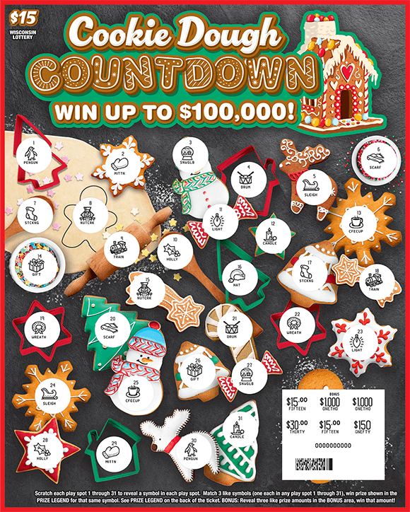 Cookie Dough Countdown Scratch Game ticket has images of decorated holiday cookies with items such as a tree a snow man a gingerbread and more on scratch ticket from wisconsin lottery