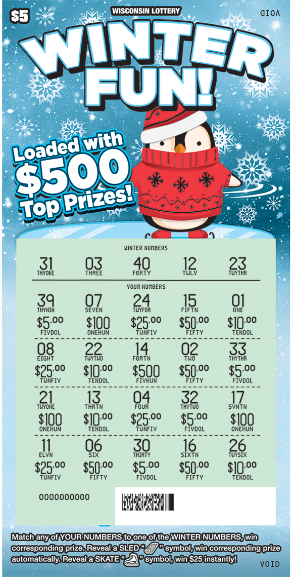 image of ticket with an icy background and a penguin skiing wrapped in a red blanket and hat with the winning numbers covered by red hats and gloves on scratch ticket from wisconsin lottery 