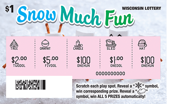 Snow Much Fun Scratch Game background of ticket with marshmallow snowmen made with pretzel arms and candy eyes and noses standing in the snow on scratch ticket from wisconsin lottery