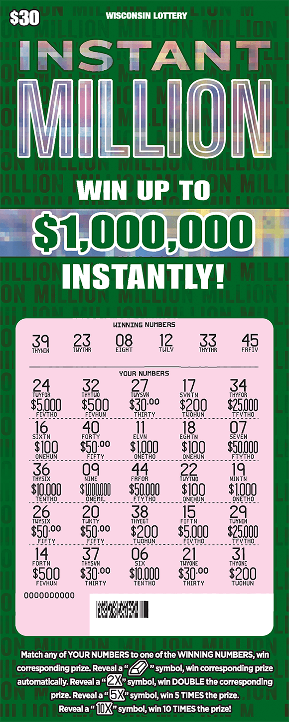 background of ticket is a deep green with the word million written in small print in lines across the entire ticket with the words written in a shiny silver fx effect on scratch ticket from wisconsin lottery