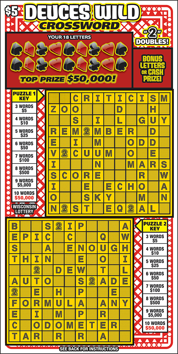 background of ticket is a criss cross red pattern that you would find on the back of a deck of cards with the winning letters covered by symbols used in playing cards and two yellow grids on scratch ticket from wisconsin lottery