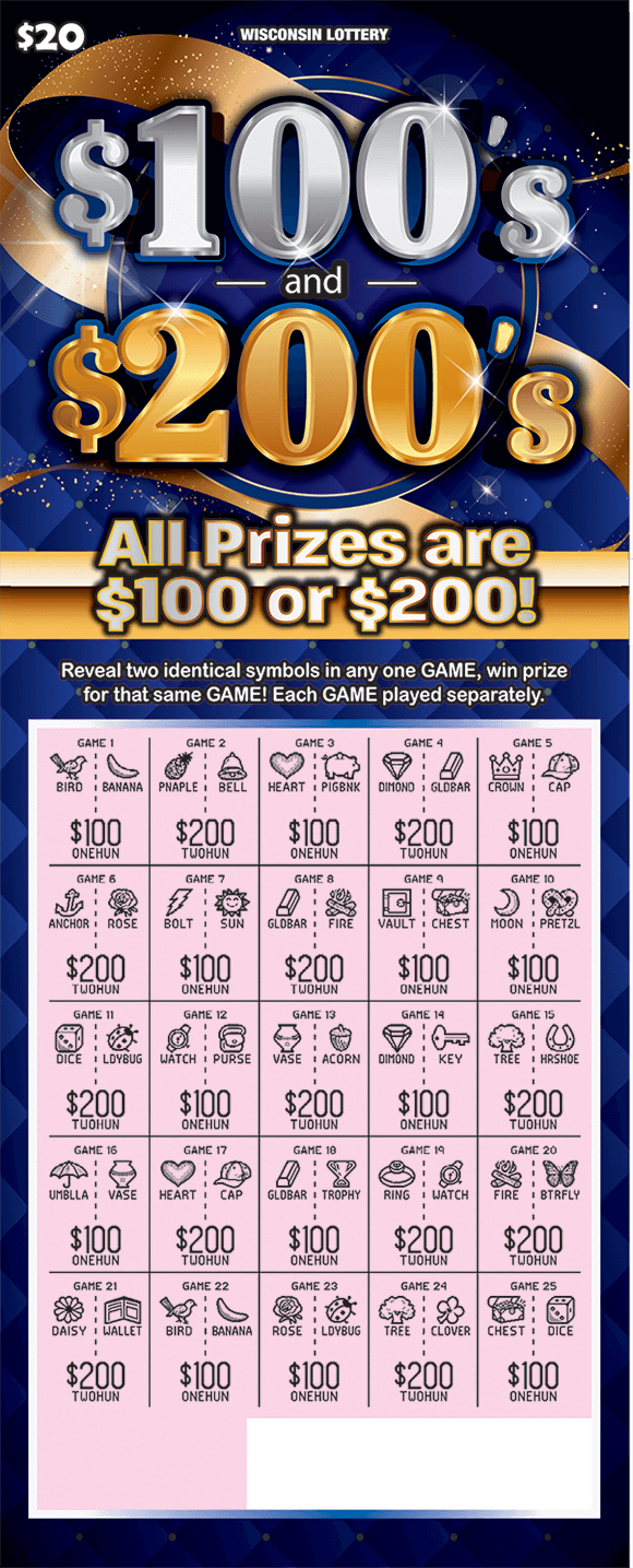 100's and 200's Scratch Game background of ticket is a deep blue with a gold bow gold lines and gold sparkles on scratch ticket from wisconsin lottery