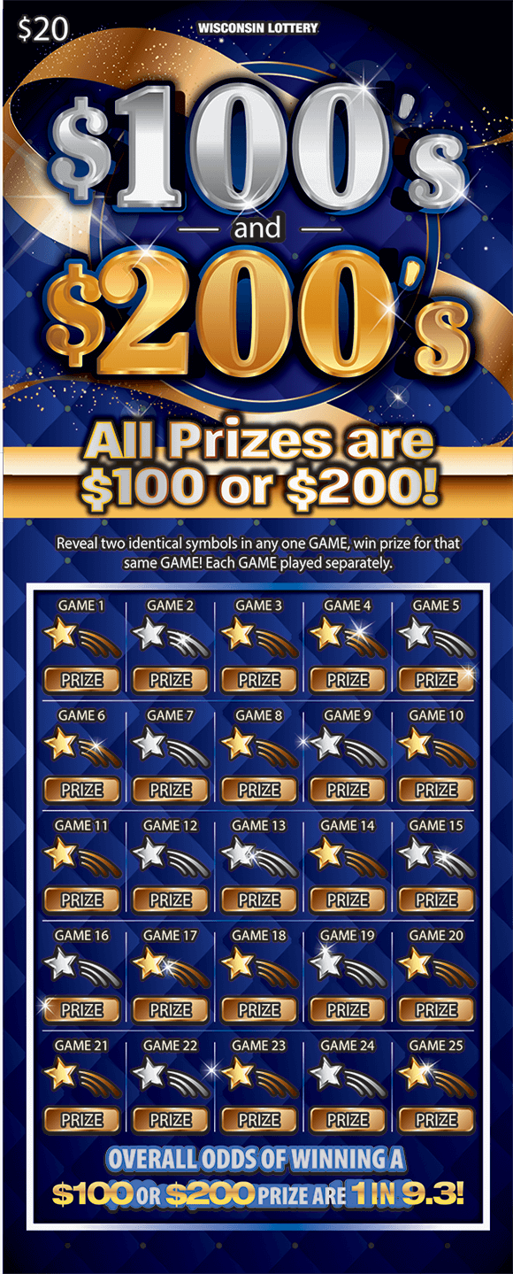 100's and 200's Scratch Game background of ticket is a deep blue with a gold bow gold lines and gold sparkles on scratch ticket from wisconsin lottery