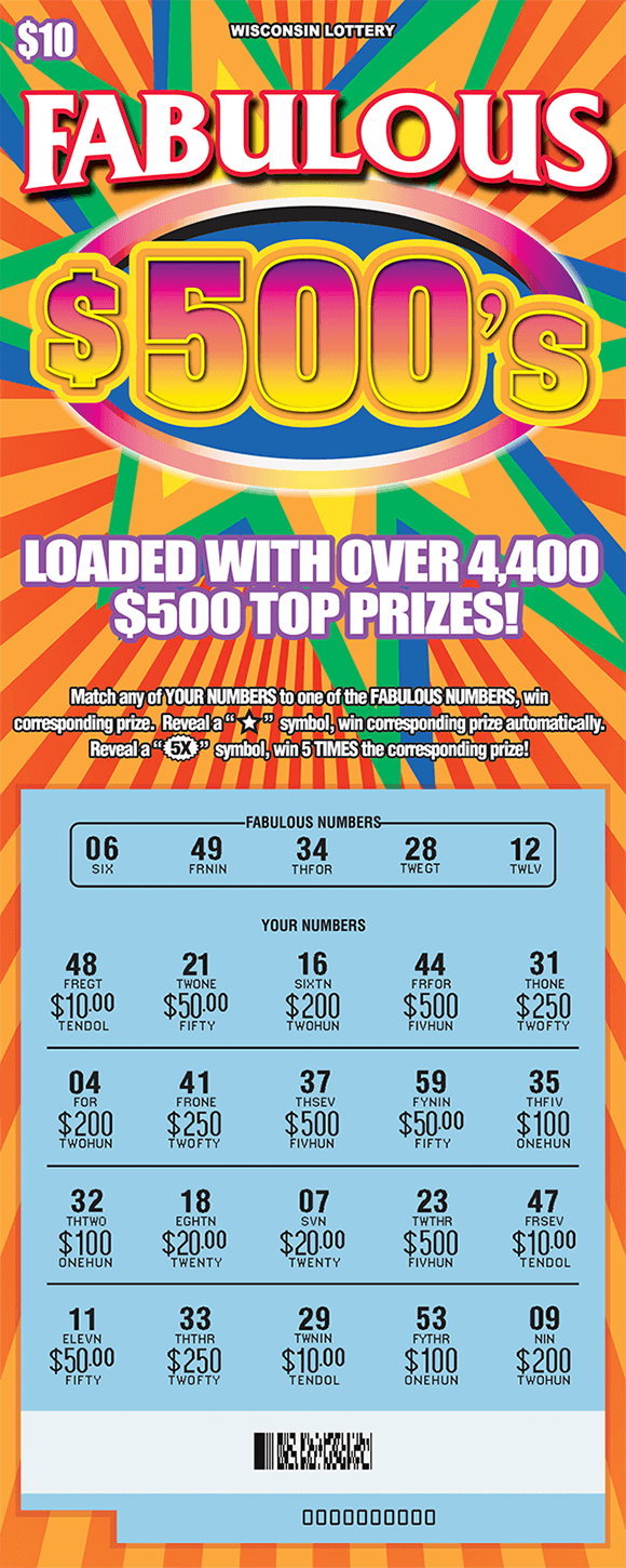 Background of ticket is striped with light and dark orange and at the top of the ticket is a large star that is outlined in green blue yellow and orange on scratch ticket from wisconsin lottery