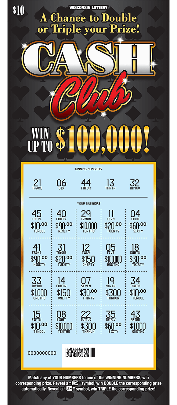 Cash Club Scratch Game cash club scratched scratch ticket from wisconsin lottery with black background and card symbols and revealing the numbers in the winning numbers and your numbers areas