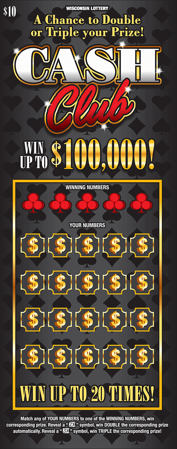 Cash Club Scratch Game cash club unscratched scratch ticket from wisconsin lottery with black background and card symbols and red clubs in the winning numbers area and gold dollar signs in the play area