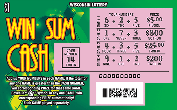 Win Sum Cash Scratch Game bright green background with a large 3D dollar sign symbol with some gold coloring on it on scratch ticket from Wisconsin Lottery