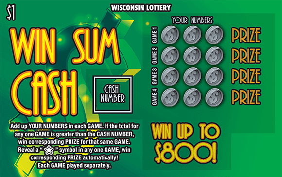bright green background with a large 3D dollar sign symbol with some gold coloring on it on scratch ticket from Wisconsin Lottery