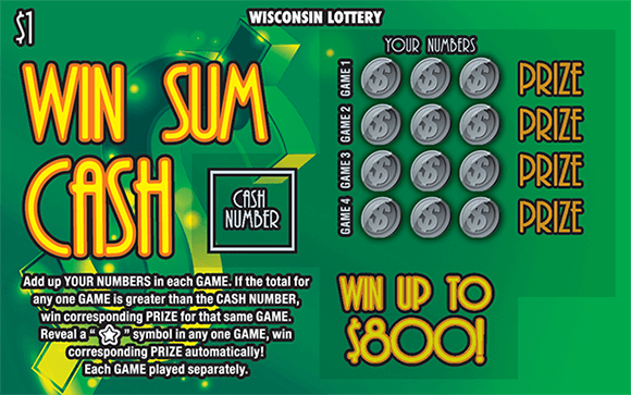 Win Sum Cash Scratch Game bright green background with a large 3D dollar sign symbol with some gold coloring on it on scratch ticket from Wisconsin Lottery