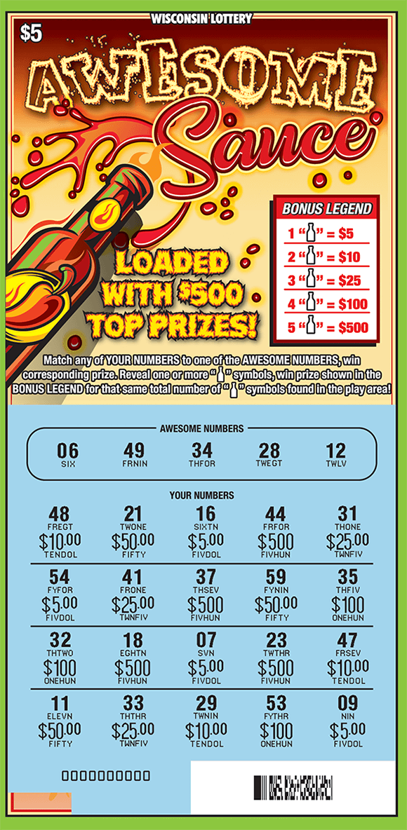 Awesome Sauce Scratch Game ombre red and orange background to resemble fire with the winning numbers covered with hot chili peppers and flames of fire on scratch ticket from wisconsin lottery