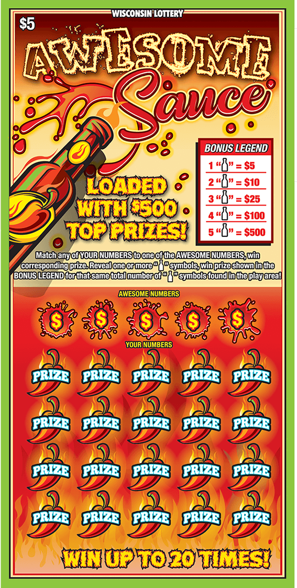 ombre red and orange background to resemble fire with the winning numbers covered with hot chili peppers and flames of fire on scratch ticket from wisconsin lottery 