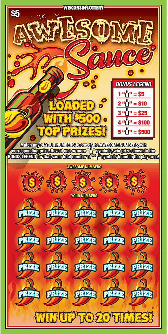 Awesome Sauce Scratch Game ombre red and orange background to resemble fire with the winning numbers covered with hot chili peppers and flames of fire on scratch ticket from wisconsin lottery