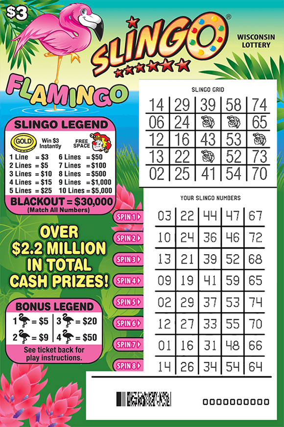 Flamingo Slingo Scratch Game tropical background with long green grass pink flowers water and a pink flamingo standing in the water with the slingo grid in white large on the ticket on scratch ticket from wisconsin lottery