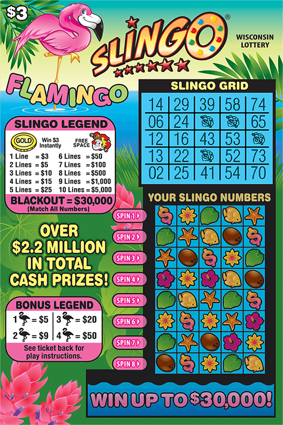 Flamingo Slingo Scratch Game tropical background with long green grass pink flowers water and a pink flamingo standing in the water with the slingo grid in white large on the ticket on scratch ticket from wisconsin lottery