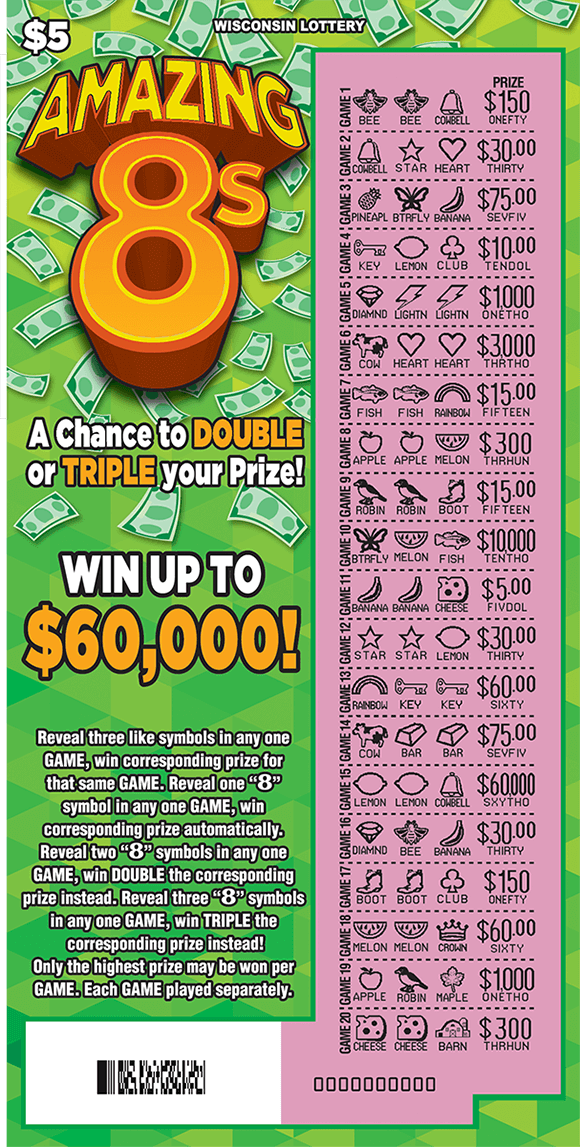 Amazing 8's Scratch Game bright green background with floating lighter green dollar bills and a large play grid on the right hand side covered with dollar bills and money bags on scratch ticket from wisconsin lottery