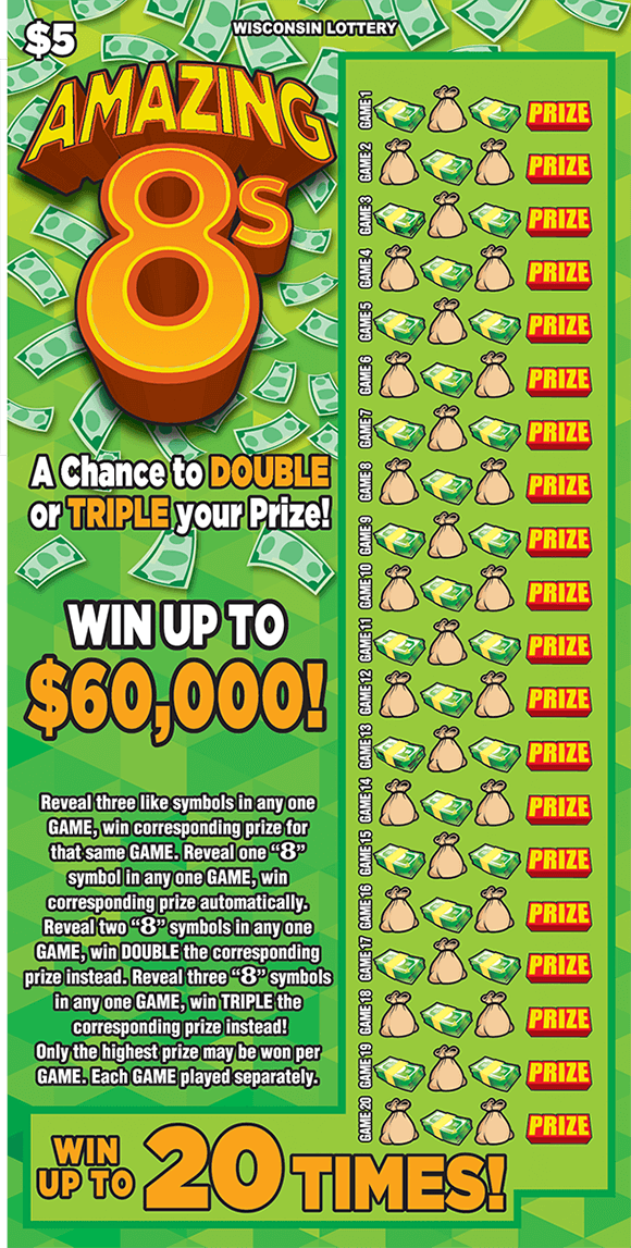 Amazing 8's Scratch Game bright green background with floating lighter green dollar bills and a large play grid on the right hand side covered with dollar bills and money bags on scratch ticket from wisconsin lottery