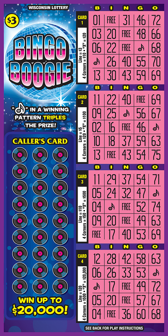 bingo boogie unscratched scratch ticket from wisconsin lottery with disco ball background and record symbols in callers card area