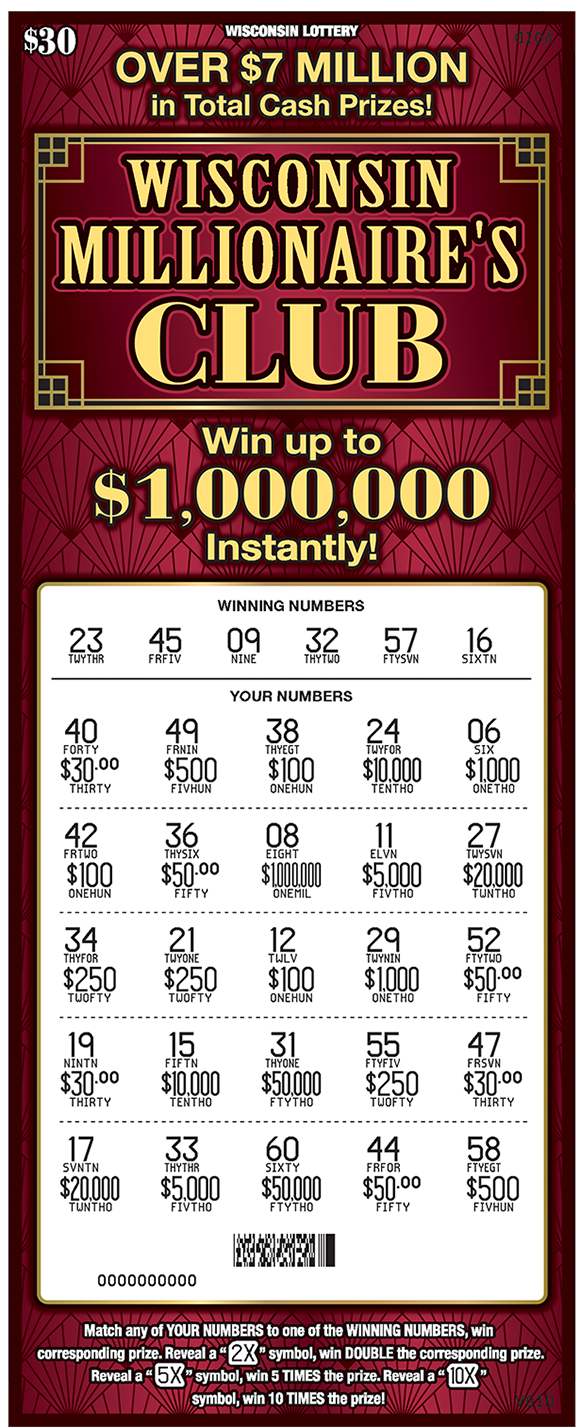 maroon background and wisconsin millionaires club written in big gold letters across the top of the ticket on scratch ticket from wisconsin lottery