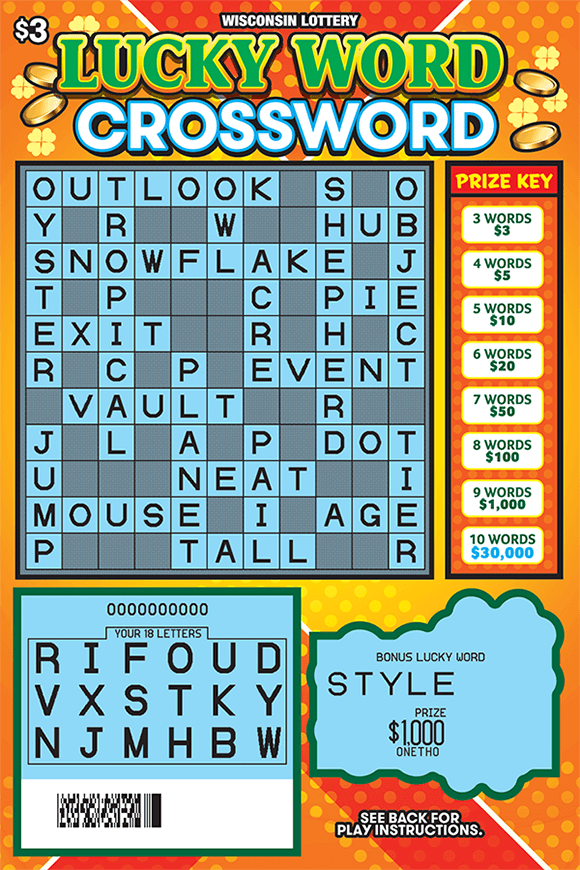Lucky Word Crossword Scratch Game orange polka dotted background scratched to reveal letters and a word in the play area of the bonus word area on scratch ticket from wisconsin lottery