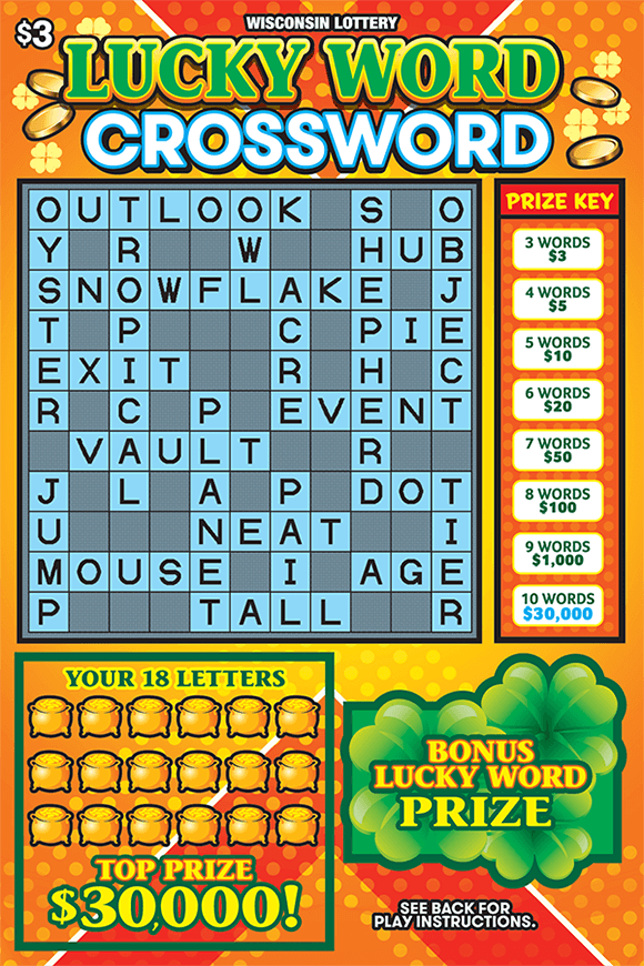 Lucky Word Crossword Scratch Game orange polka dotted background with gold coins and pots of gold with green four leaf clover bonus word area on scratch ticket from wisconsin lottery