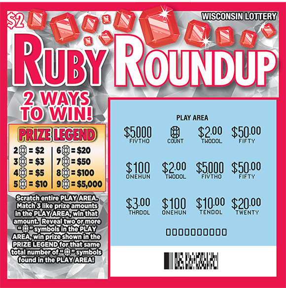 shiny silver background with red rubies lining the top of the ticket and bright red play area with gold dollar sign symbols covering the numbers on scratch ticket from wisconsin lottery