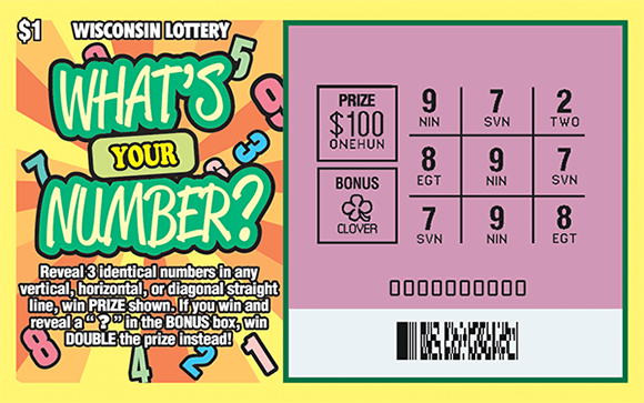 What's Your Number Scratch Game orange and yellow striped background with floating bubble numbers in the background and a light green and yellow play grid area on scratch ticket from wisconsin lottery
