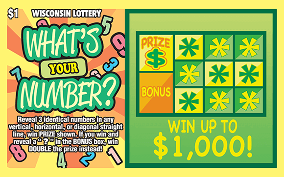What's Your Number Scratch Game orange and yellow striped background with floating bubble numbers in the background and a light green and yellow play grid area on scratch ticket from wisconsin lottery