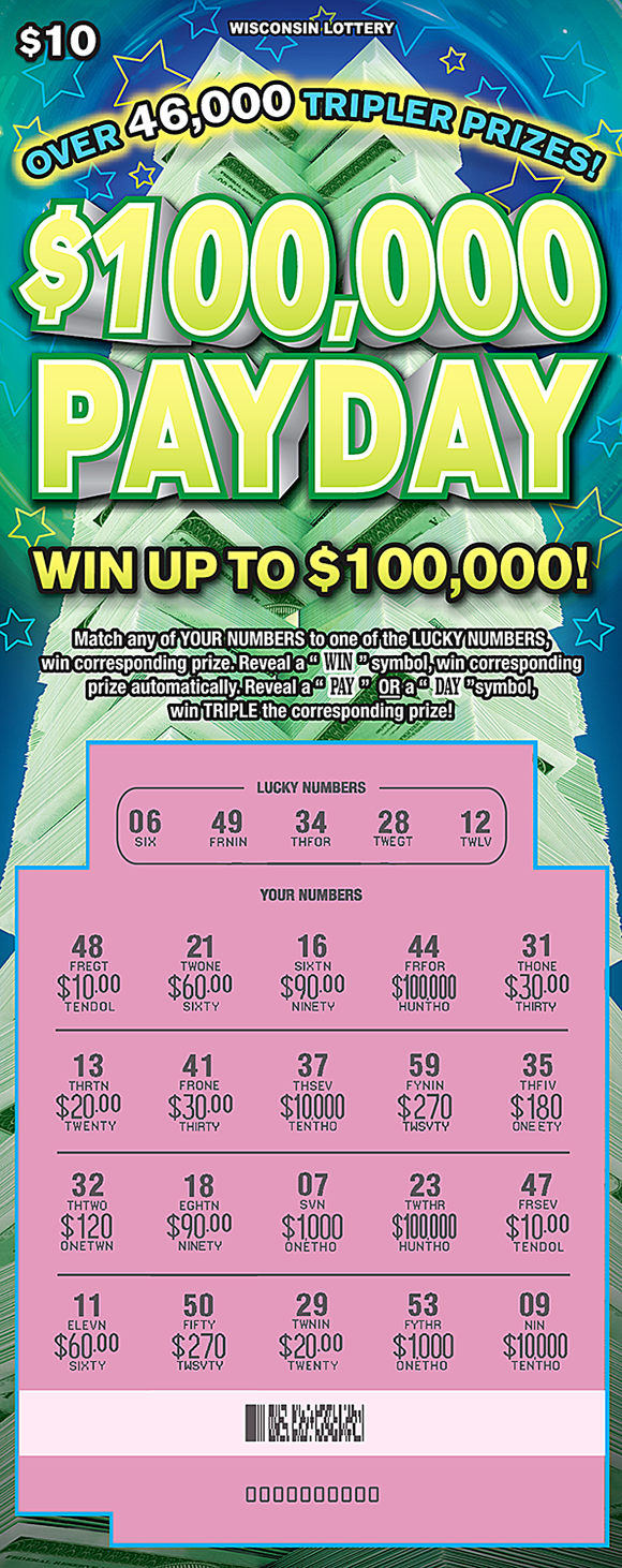 100K Payday Scratch Game stacks of cash on the background of the ticket with blue and yellow stars on the background as well as bolded blue and yellow stars covering the winning numbers on scratch ticket from wisconsin lottery