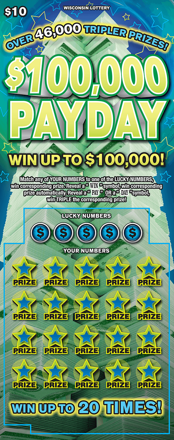 stacks of cash on the background of the ticket with blue and yellow stars on the background as well as bolded blue and yellow stars covering the winning numbers on scratch ticket from wisconsin lottery