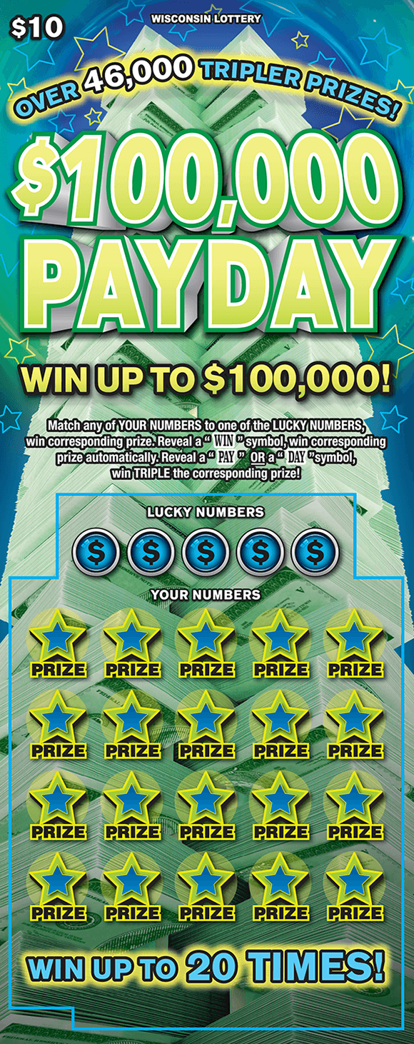 100K Payday Scratch Game stacks of cash on the background of the ticket with blue and yellow stars on the background as well as bolded blue and yellow stars covering the winning numbers on scratch ticket from wisconsin lottery