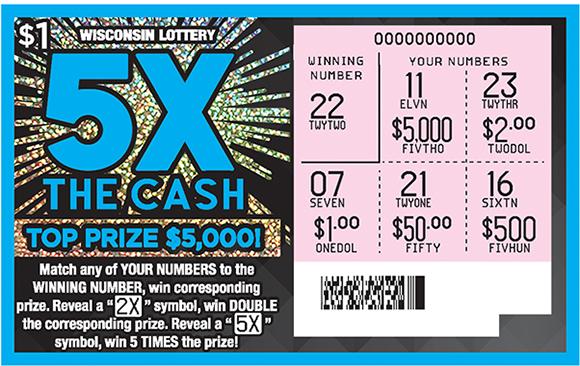 blue outline around ticket and 5x in big bold blue letters with shiny sparkly effects on the background of the ticket on scratch ticket from Wisconsin Lottery