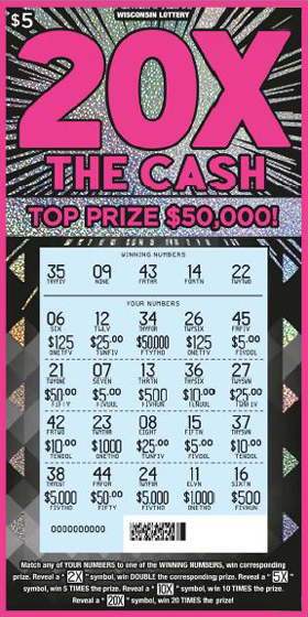20X the Cash Scratch Game pink outline on ticket with 20x at the top of the ticket in big bold pink lettering with a firework shiny effect on the background of the ticket on scratch ticket from wisconsin lottery